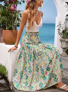 Vivid Eden Women's Elastic Waist Loose Bohemian Style Vacation Print Skirt