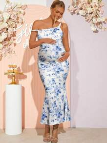 Loomaby Váy ôm không tay họa tiết hoa cho bà bầu cổ bất đối xứng - Xanh và trắng - Xem 6