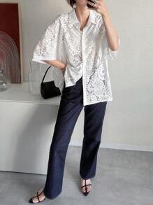 FRIFUL Áo kiểu ren dáng rộng tay lửng 3/4 cài một hàng khuy cho nữ, thích hợp cho mùa hè. - trắng - Xem 2