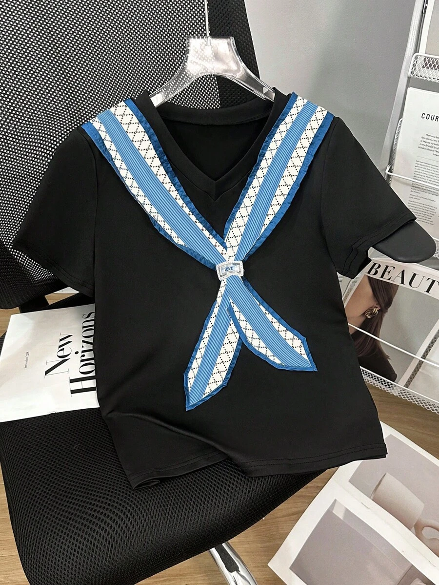 INAWLY Women's Summer V-Neck Short Sleeve Casual Versatile Bowknot T-Shirt - Black - View 1