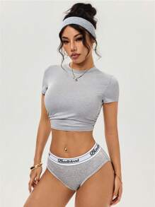 Easithlete Camiseta activa de corte cropped de unicolor de moda casual para mujer - Gris - Ver 3