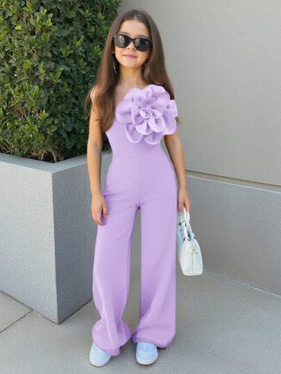 SHEIN Tween Girls Casual Elegant Asymmetric Shoulder Fitted Minimalist 3D Floral Decor Jumpsuit, Suitable For Party, Wedding And Events