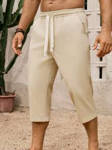 Palmeraft Men's Casual Summer Solid Color Simple Pure Cotton Twill Capri Pants Cream Shorts Men Men Cotton Shorts - Khaki - View 3
