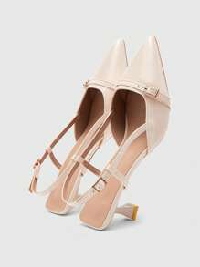 CUCCOO BIZCHIC 尖头小猫跟高跟鞋，米色时尚通勤百搭后带日常休闲办公室工作女鞋