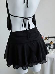 SHEIN Unity Black Summer European & American Vintage Halter Neck Ruched V-Neck Backless Waist Pleated Ruffle Hem Dress - Black - View 7
