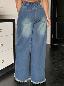 Dazy Plus 深色洗水做旧阔腿长牛仔裤，宽松版型，四季皆宜 - 深色水洗藍 - 查看 2