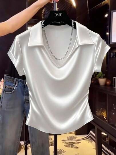 Franclia Women's Fashion Casual Solid Color Satin Shiny T-Shirt, Short Sleeve Top
