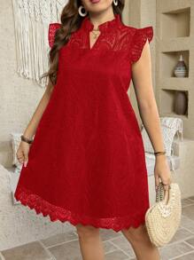 SHEIN LUNE 白色春夏花卉3D蕾丝圆领盖袖优雅浪漫女士连衣裙 - 紅色 - 查看 3