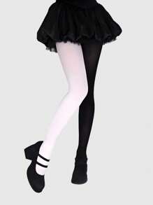 ROMWE Goth 1 件女士高弹力不对称性感长筒袜/连裤袜/紧身裤 - 黑與白 - 查看 2