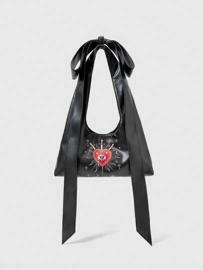 Goth Borsa a spalla da donna, borsa hobo, stile punk, stampa a motivi, stile gotico, decorazione fiocco, alla moda, personalizzata, semplice, versatile, da strada, dolce e cool per ragazze, ragazze alla moda, stile Y2K, adolescenti, Ognissanti, borse perfette per feste in maschera da abbinare ai costumi di Ognissanti