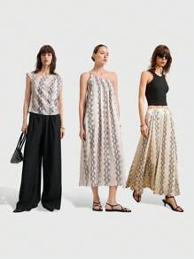 Ontre 2025新款都市风印花无袖长裙，褶皱设计，蛇纹印花，适合夏季、毕业典礼、节日、音乐节 - 卡其色 - 查看 4