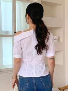 DAZY 女式不对称领纯色褶皱腰泡泡袖衬衫，夏季 - 白色 - 查看 5