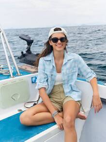 SHEIN In My Nature Women's Plaid Long Sleeve Single Breasted Pocket Casual Outdoor Shirt - Blue - View 4