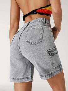 SHEIN ICON 女士休闲水洗牛仔工装短裤，夏季 - 灰色 - 查看 2