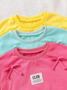 Set de 2 piezas para niñas pequeñas: camiseta de cuello redondo con estampado de dopamina colorido y pantalón de pierna recta con decoración de lazo, conjunto casual para el uso diario y deportes al aire libre, verano