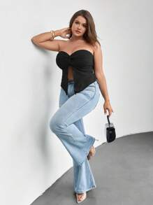 SHEIN Privé Plus Twist Front Lettuce Trim Split Hem Tube Top - Black - View 11