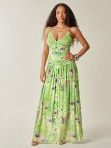 Vixey Maxi-Kleid mit Blumenprint, Mesh, Raffung und offenem Rücken