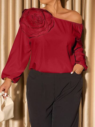 Allurite Blusa de verano elegante y sencilla de mujer con hombros descubiertos, manga larga y patrón floral 3D en color albaricoque