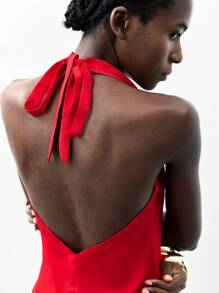 Maija Áo nữ cổ tròn hở lưng màu trơn, kiểu dáng thời trang, thích hợp mặc đi nghỉ mát, áo nữ dịp Giáng sinh. - Đỏ - Xem 7