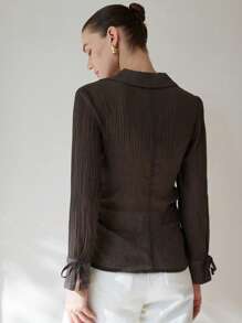 Aveloria Modichic Brown V-Neck Blouse, Featuring Ruched Waist Design For Added Texture, Stylish Cuff Details For Women Fall Cloth For Women - Brown - View 2