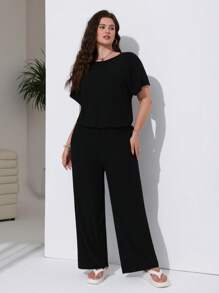 SHEIN EZwear Plus Size Black Textured Jumpsuit, Spring/Summer
