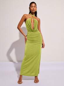 COSMINA Women's Solid Color Sling Neck Sleeveless Fitted Long Bodycon Dress - Green - View 7