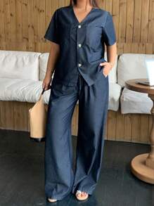 Dazy Plus Conjunto de 2 piezas: Blusa vaquera de manga corta de ajuste holgado con cuello en V + Pantalones holgados, verano