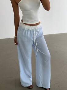 Siren Gaze Women's Lace Ruffle Waisted Loose Blue And White Striped Straight Casual Pants, Beach Pants, Summer Wide Leg Pants Summer Trousers Low Rise Pants Vacation Outfits Woman