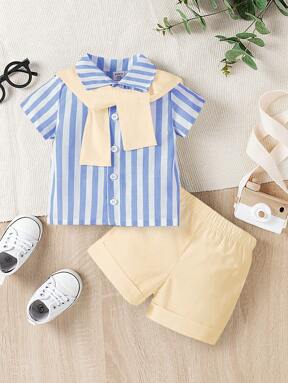 Souflis Souflis 2-Piece Baby Boy Blue & White Shirt With Shorts And Scarf Set, Summer 2024 New Comfortable Elegant Casual Outfit