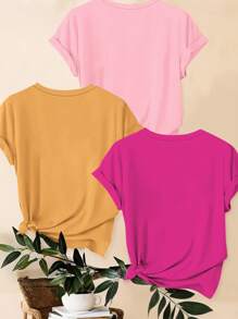 SHEIN LUNE 3 Pcs Plus Size Leopard, Heart & Slogan Print Casual T-Shirt Set, Summer - Multicolor - View 2