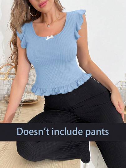 Elegant & Minimalist Women Ruffle Hem Scoop Neck Homewear Top