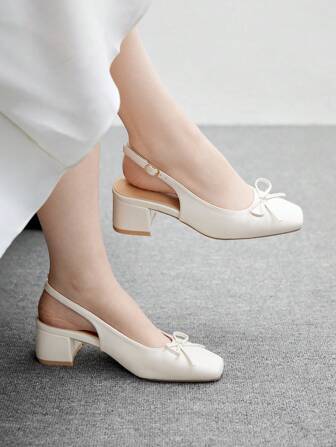 CUCCOO BIZCHIC Women's Fashion Beige Classic Bow Backstrap Flat Shoes, Suitable For Commuting, Dating, Party, Holiday, Casual Thick Heel Backstrap Flats