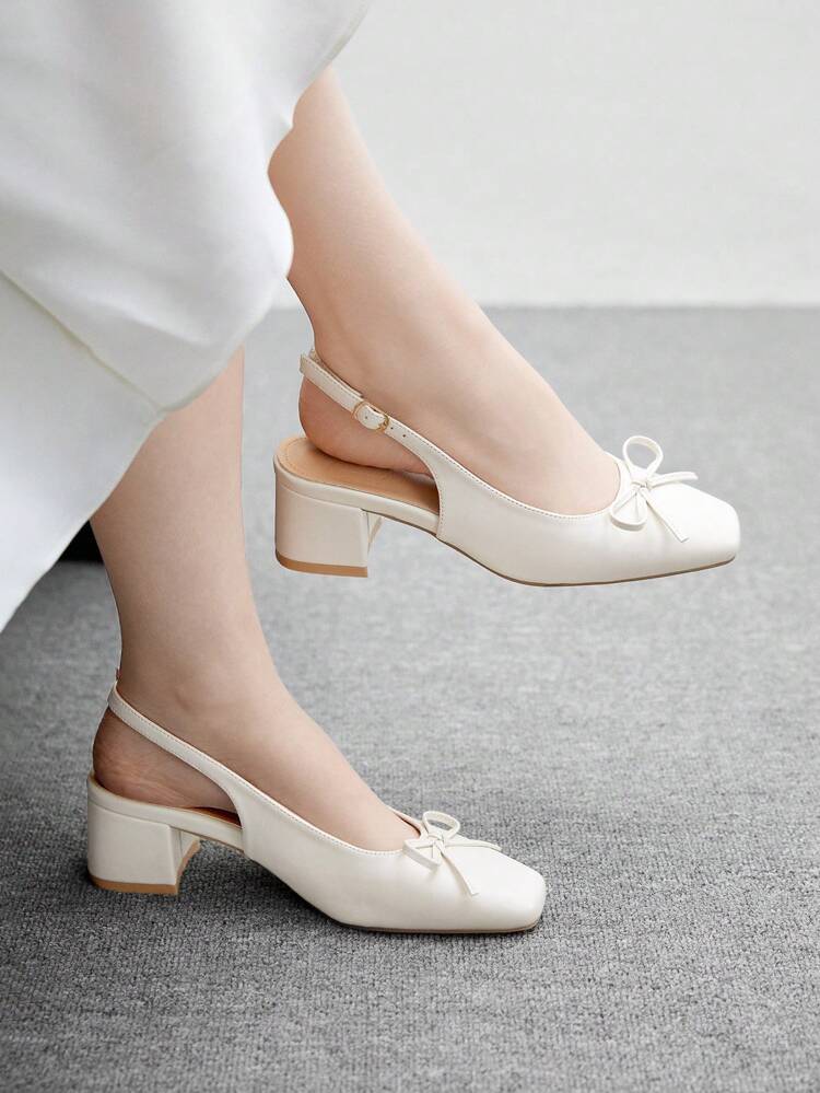 CUCCOO BIZCHIC Women's Fashion Beige Classic Bow Backstrap Flat Shoes, Suitable For Commuting, Dating, Party, Holiday, Casual Thick Heel Backstrap Pumps For Christmas Spring Shoes