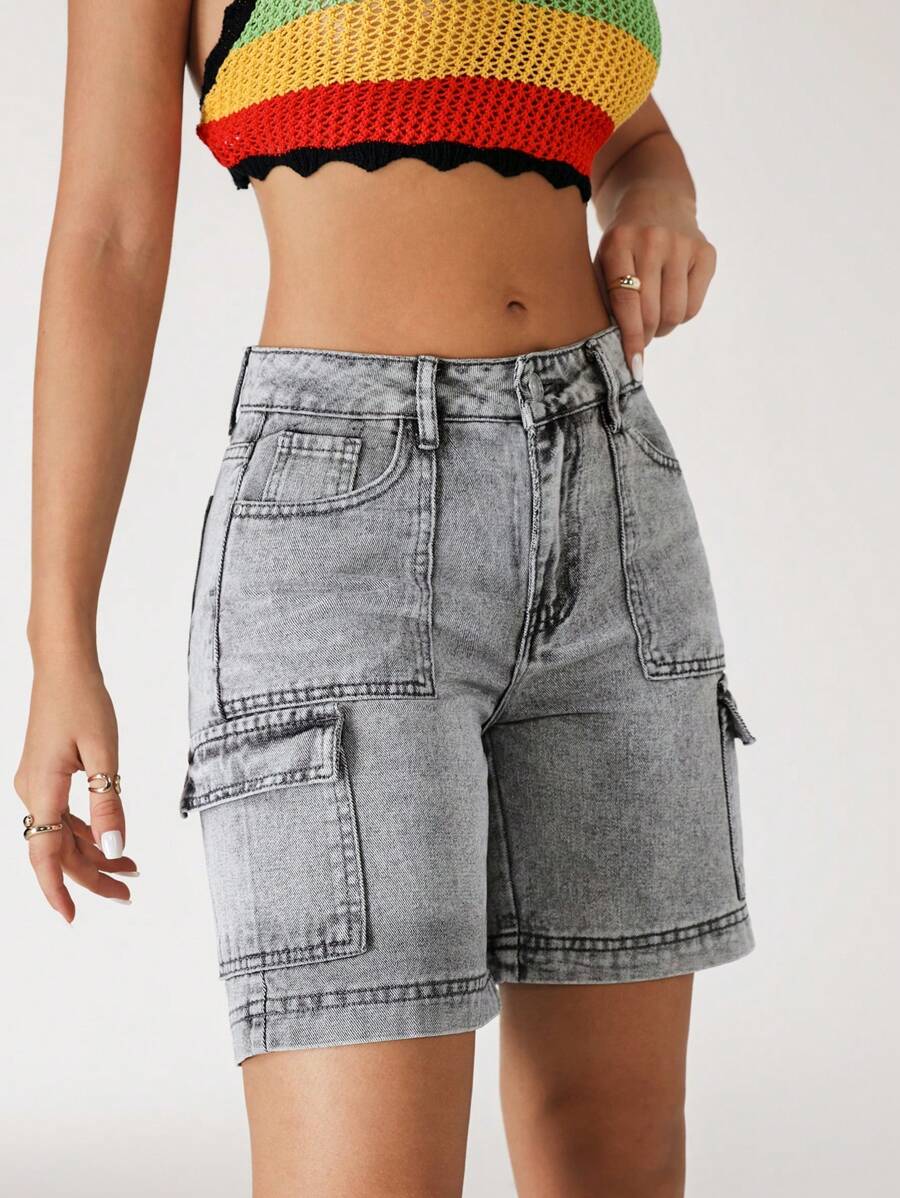 SHEIN ICON 女士休闲水洗牛仔工装短裤，夏季 - 灰色 - 查看 1