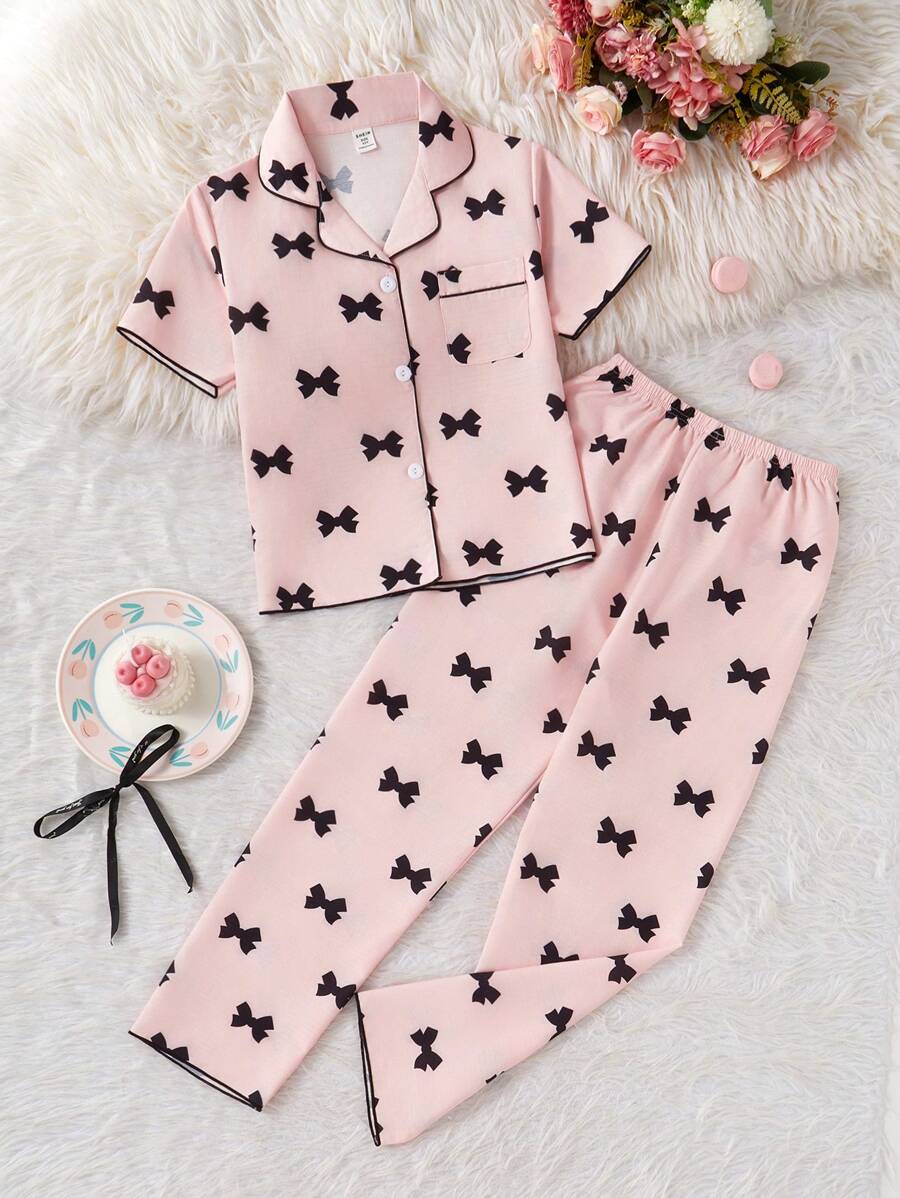 SHEIN 青少年女孩杏色可爱樱桃印花长裤和宽松短袖休闲舒适两件套睡衣套装 - 珊瑚粉 - 查看 1