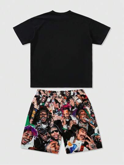 Street Life 2pcs Men Street Portrait Print Short Sleeve T-Shirt & Shorts Casual Summer Suit
