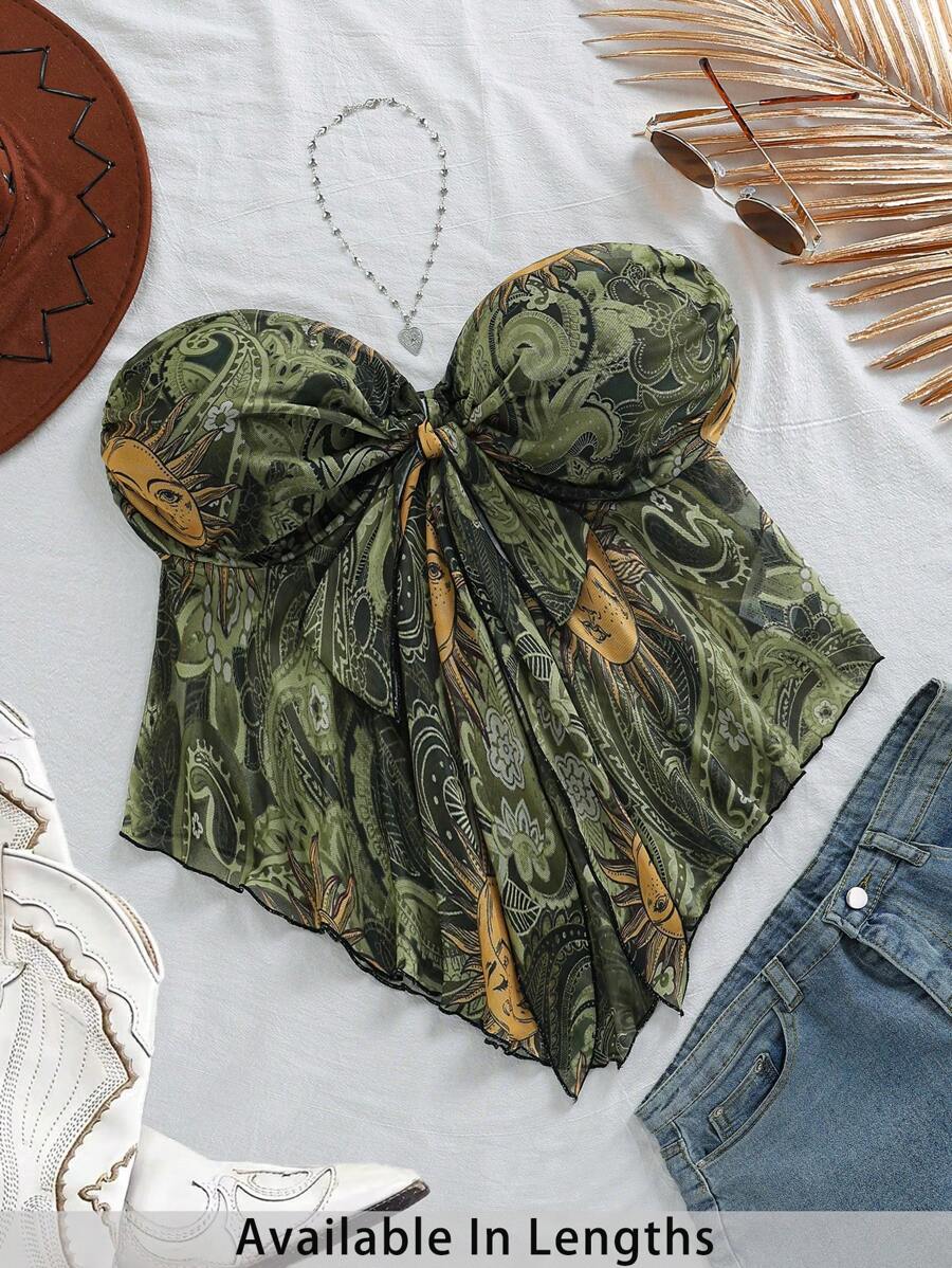 SHEIN PETITE CURVE Übergröße Damen-Urlaubs-Strick-Camisole-Tube-Top mit Retro-Print, geeignet für Herbst/Winter