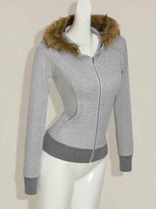 SHEIN ICON Slim Fit Faux Fur Patchwork Hooded Jacket For Women In Fall/Winter - Grey - View 4