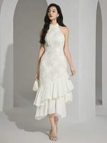 Heiryn Women's Elegant Jacquard Patchwork Ruffle Hem Halter Midi Dress - Apricot - View 7