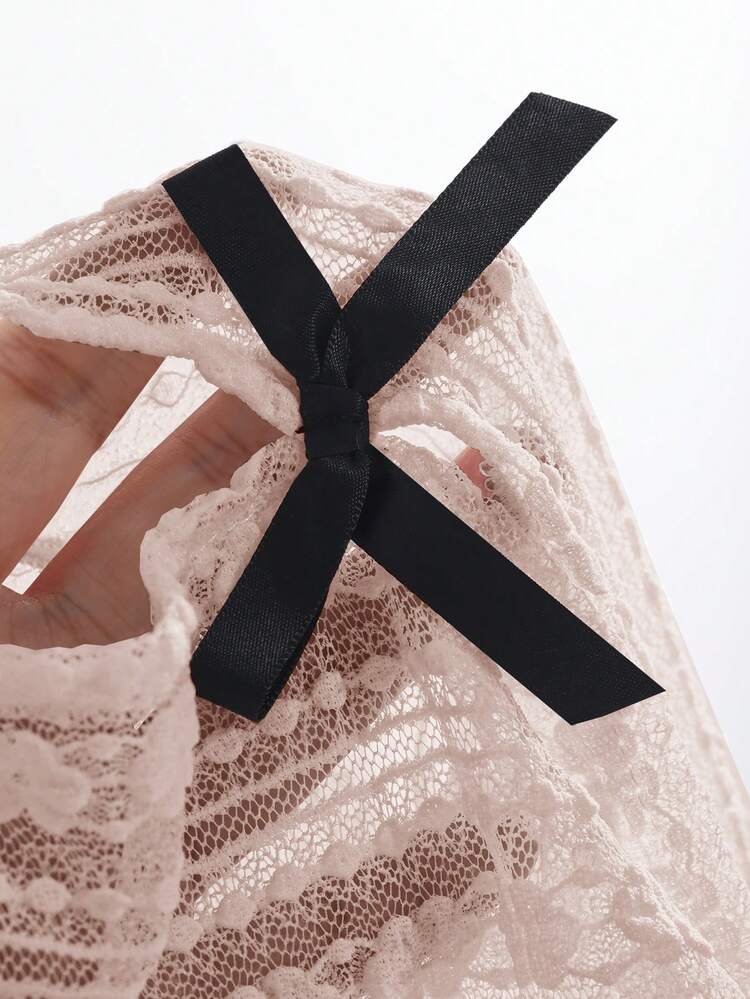 Women Contrast Color Bow Decor Round Neck Long Sleeve Blouse Summer Sheer