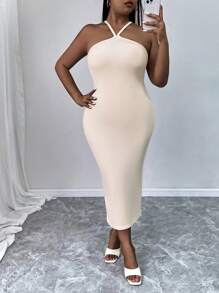 INAWLY Plus Solid Bodycon Sleeveless Dress For Summer - Beige - View 4