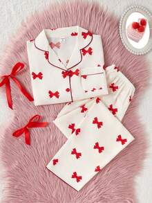 2pcs/Set Teen GirlApricot Butterfly Print Long Sleeve Cardigan And Long Pants Casual Comfortable Loungewear Bow Pajamas Cute Pajama Set Fall Winter - Apricot - View 5