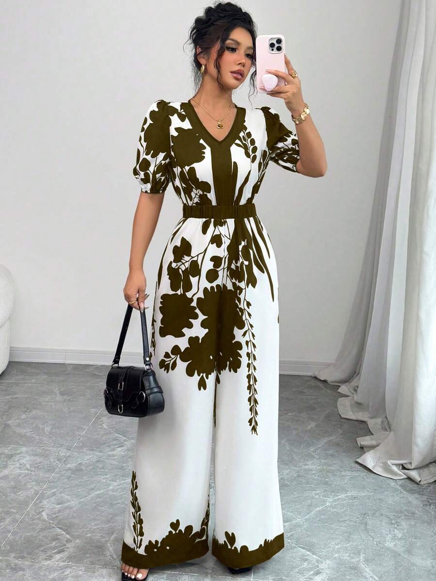 Rafferiza 女士优雅宽松收腰数码印花连体裤