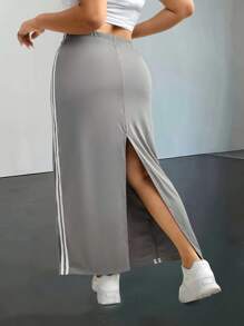 Flirla Falda de cintura elástica a rayas contrastantes, versátil y de moda, de talla grande - Gris - Ver 2