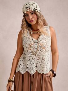 SHEIN VCAY 新款大码女士镂空针织上衣，宽松无袖轻薄夏季罩衫，短款上衣，女士外出上衣，奶油黄色钩针上衣，针织度假上衣，夏季度假，乡村音乐会，狂欢节，音乐会，毕业典礼，欧洲夏季，纳什维尔海滩度假，热带度假