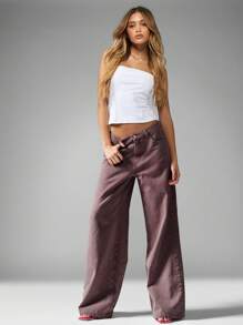 MISSGUIDED High Waisted Wide Leg Denim Jeans Retro Style Autumn Winter Fashion Palazzo Pants Classic Casual Wear Washable Full Length Bottoms - Burgundy - View 7
