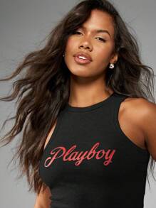 Missguided x Playboy 露脐背心，无袖夏季跑步基础款背心，街头风 - 黑色 - 查看 6