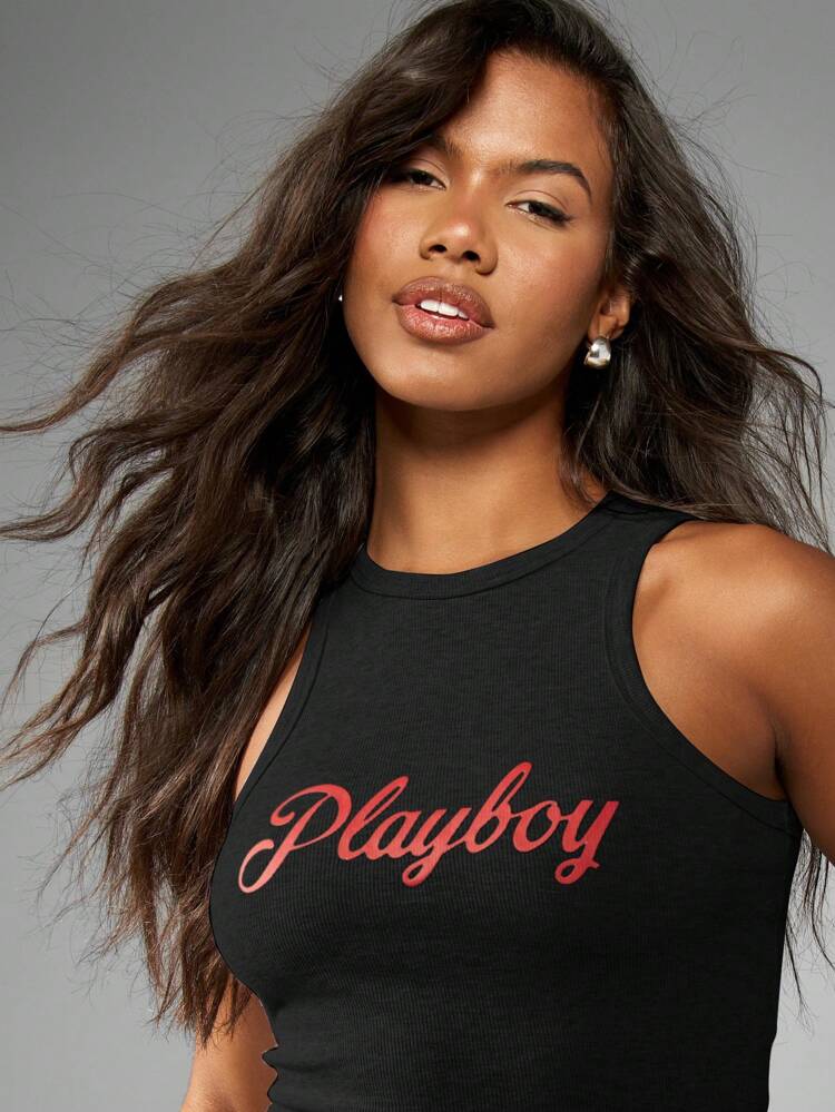 Missguided x Playboy Basic Running Racerback Sleeveless Crop Tank Top Vest