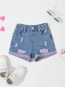 SHEIN سروال نسائي جينز فضفاض طويل الساق مرتفع الخصر مع تمزق هام الأرجل - أزرق متوسط - مشاهدة 1