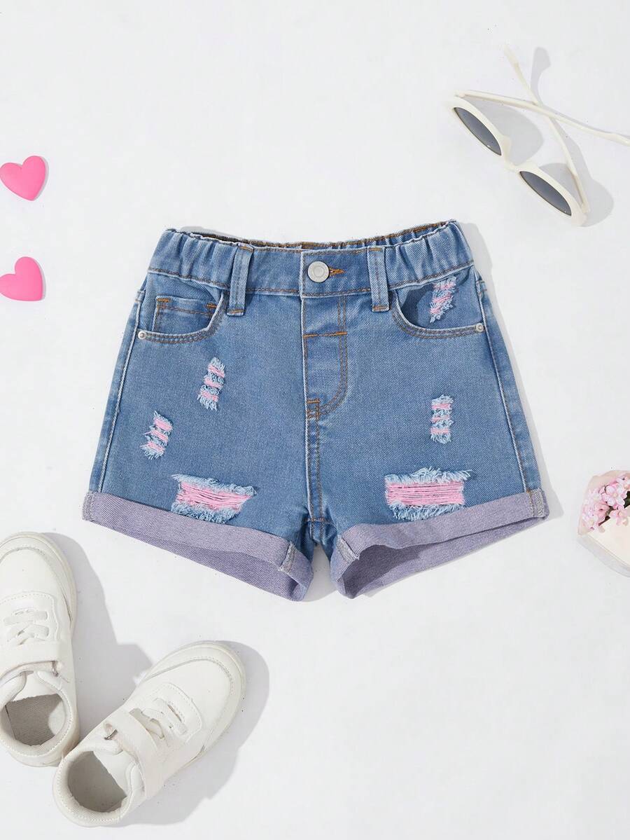 SHEIN سروال نسائي جينز فضفاض طويل الساق مرتفع الخصر مع تمزق هام الأرجل - أزرق متوسط - مشاهدة 1